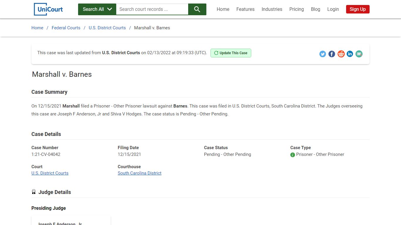 Marshall v Barnes | 1:21-CV-04042 | Court Records - UniCourt